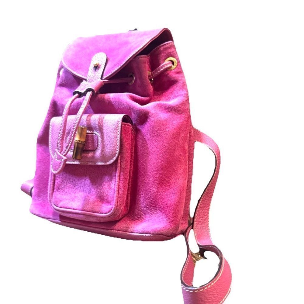 GUCCI Vintage Fuchsia Pink Suede Leather Mini Bamboo Backpack Napsack Auth - Picture 2 of 16